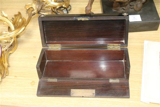 An ebonised mother of pearl and stone glove box width 26cm depth 10cm